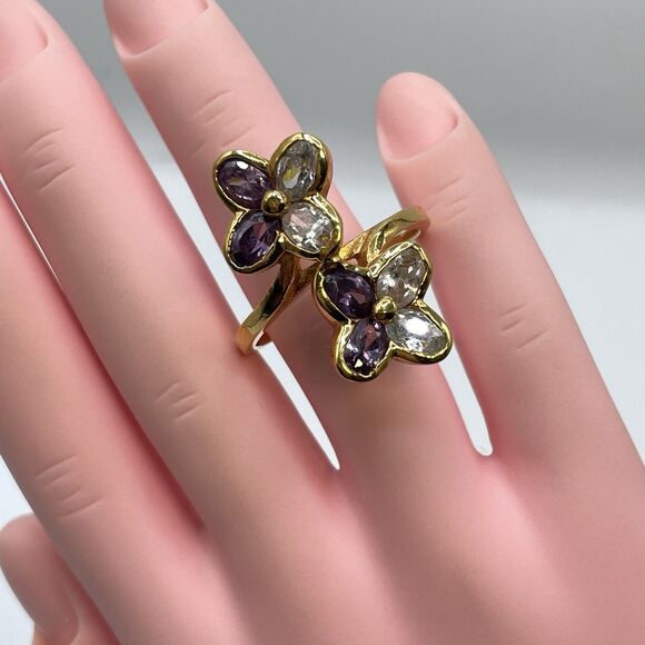 Flower Purple White Rhinestone Gold Tone Ring Band Sz 11 Statement Cocktail Boho - Picture 3 of 6